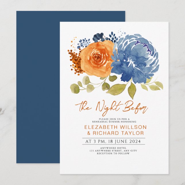 Navy Blue Burnt Orange Floral Rehearsal Dinner Invitation (Front/Back)