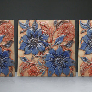 Navy Blue Burnt Orange Floral Wall Decor Tile