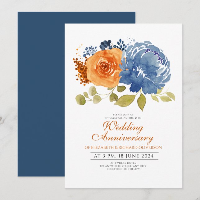 Navy Blue  Burnt Orange Floral Wedding Anniversary Invitation (Front/Back)