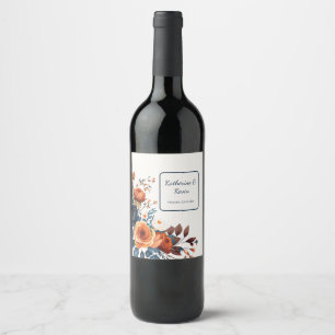Navy Blue Burnt Orange Floral Wedding Wine Label