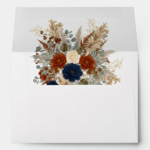 Navy Blue & Burnt Orange Florals Rust Fall Wedding Envelope