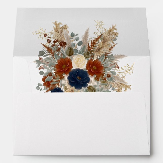 Navy Blue & Burnt Orange Florals Rust Fall Wedding Envelope (Back (Bottom))