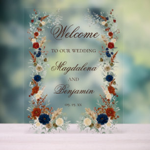 Navy Blue & Burnt Orange Florals Wedding Welcome Acrylic Sign