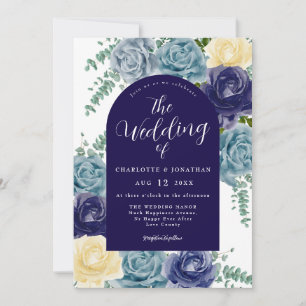 Navy Blue Burnt Orange Rustic Floral Fall Wedding Invitation