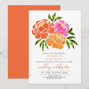  Navy Blue Burnt Orange Terracotta  Floral Wedding Invitation