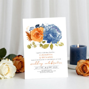  Navy Blue Burnt Orange Terracotta  Floral Wedding Invitation