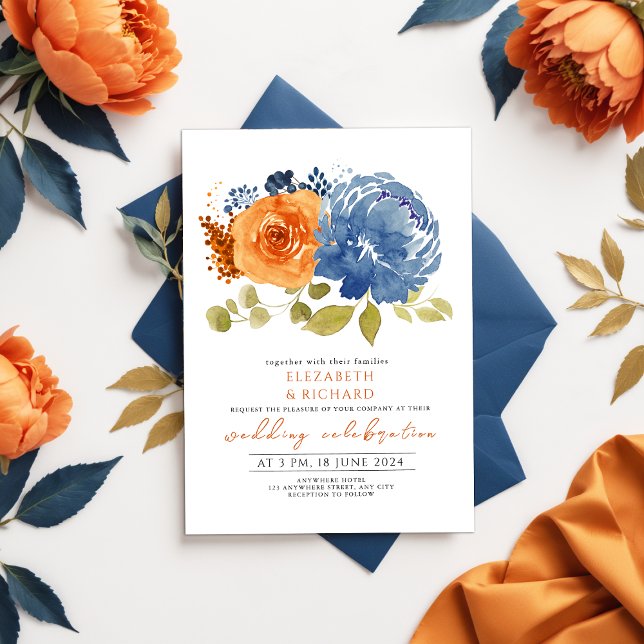  Navy Blue Burnt Orange Terracotta  Floral Wedding Invitation (Creator Uploaded)