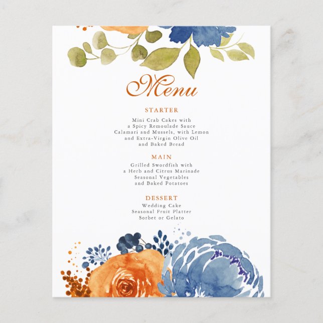 Navy Blue Burnt Orange Terracotta  Wedding Menu (Front)