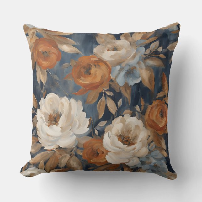 Navy Blue Burnt Orange Watercolor Floral Cushion (Front)