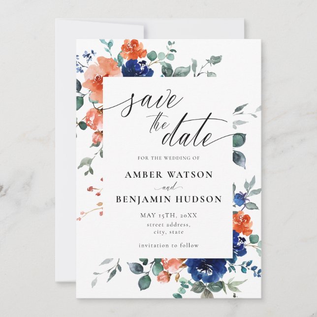 Navy Blue Burnt Orange Wedding Save The Date Invitation (Front)