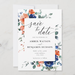 Navy Blue Burnt Orange Wedding Save The Date Invitation
