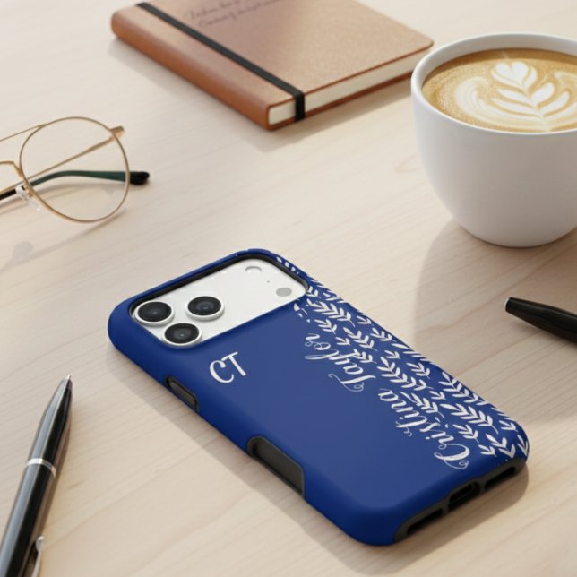 Navy Blue & Bush pink Leaf pattern monogrammed iPhone Case (Creator Uploaded)