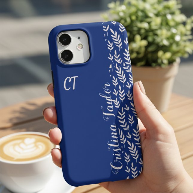 Navy Blue & Bush pink Leaf pattern monogrammed iPhone Case (Creator Uploaded)