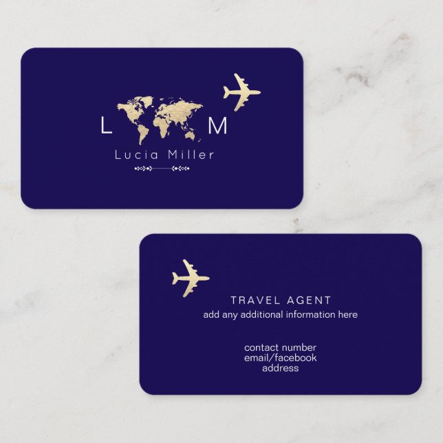 Navy Blue Business Card for Travel Agents (Front/Back)