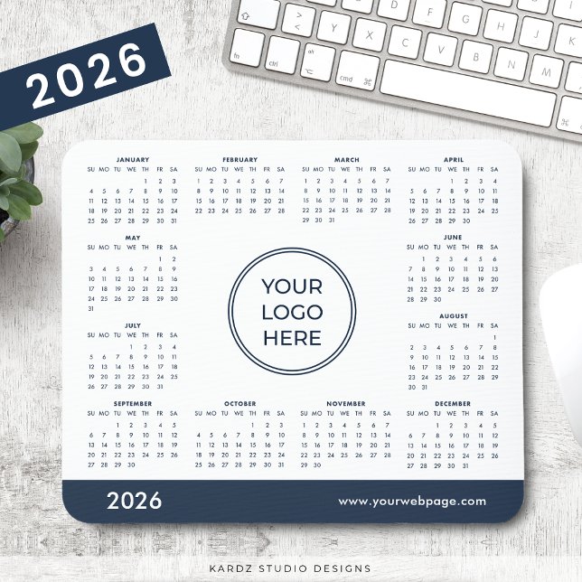 Navy Blue Business Logo 2026 Calendar Mouse Mat (Add your business logo and website or tagline.)