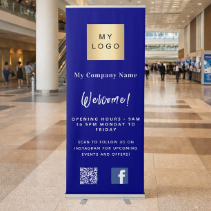 Navy blue business logo opening hours QR Facebook Retractable Banner