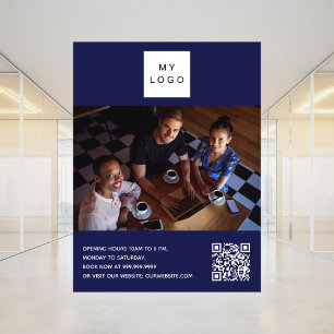 Navy blue business logo photo welcome QR-code Poster