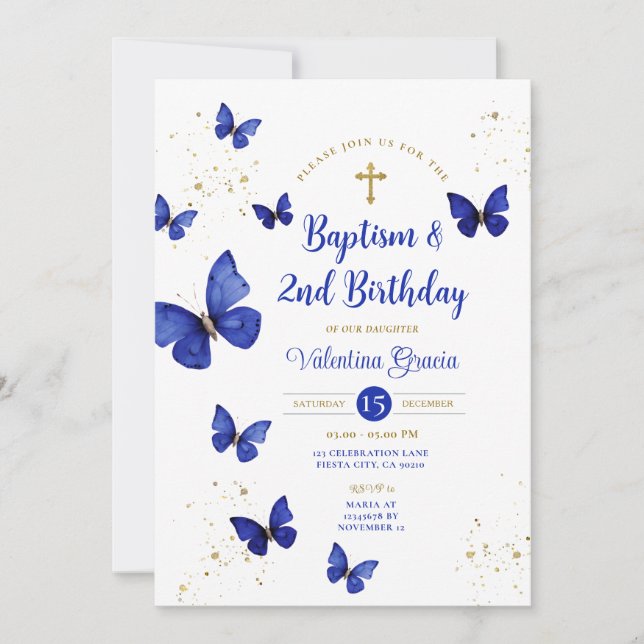 Navy Blue Butterfly Boy Girl 3rd Birthday Baptism Invitation (Front)