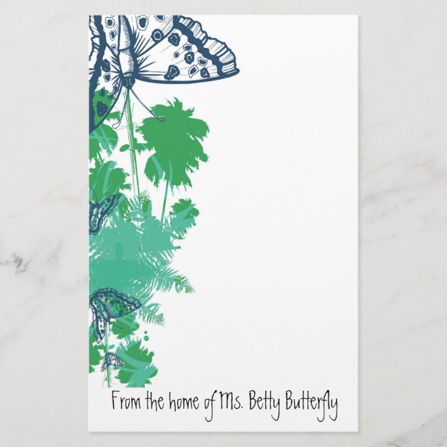 Navy Blue Butterfly & Palm Tree Stationery (Front)