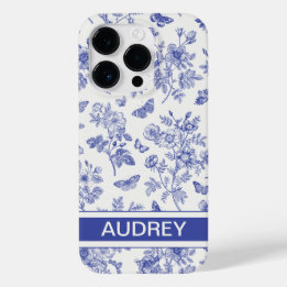 Navy Blue Butterfly Toile iPhone 14 Pro Case