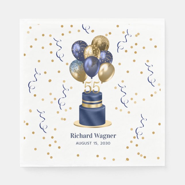 Navy Blue Cake 55th Birthday Napkin (Front)