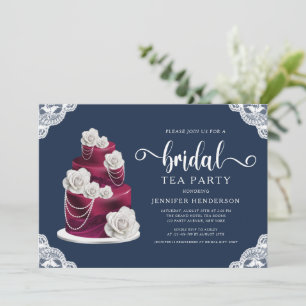 Navy Blue Cake And Lace Bridal Shower Tea Party Invitation