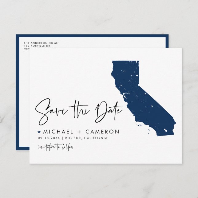 Navy Blue California Map QR Code Save the Date Announcement Postcard (Front/Back)