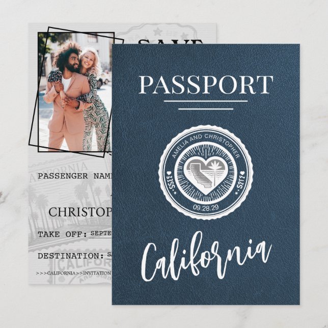 Navy Blue California Passport Save The Date (Front/Back)