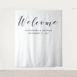 Navy Blue Calligraphy Backdrop   Photo Booth Prop Tapestry