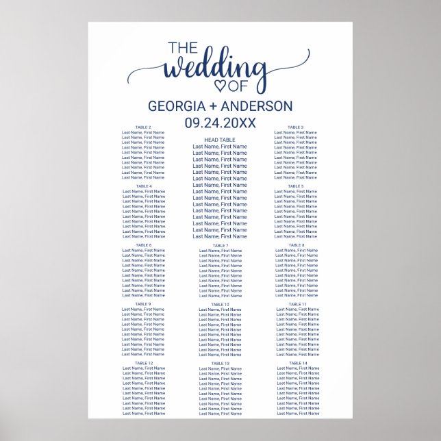 Navy Blue Calligraphy Head Table Seating Chart (Front)