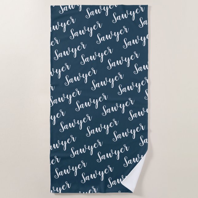 Navy Blue Calligraphy Personalised Repeat Name Beach Towel (Front)