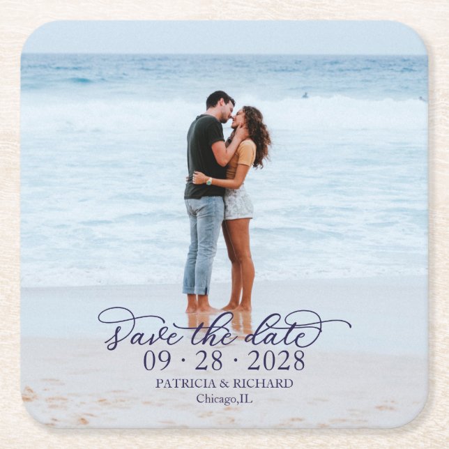 Navy Blue Calligraphy Photo Wedding Save the Date Square Paper Coaster (Front)