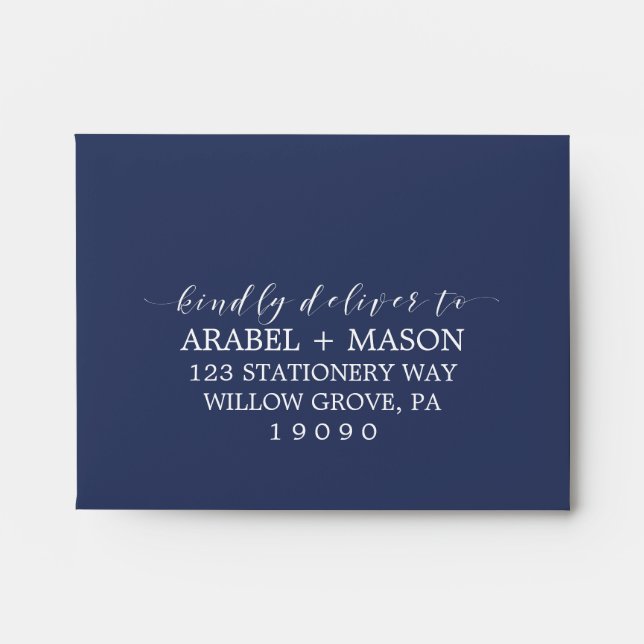 Navy Blue & Calligraphy Printed Address RSVP Envelopes (Front)