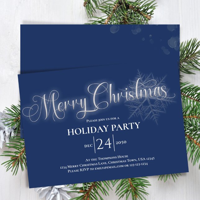 Navy Blue Calligraphy Script Merry Christmas Party Invitation (Merry Christmas party invitation with navy blue background. )