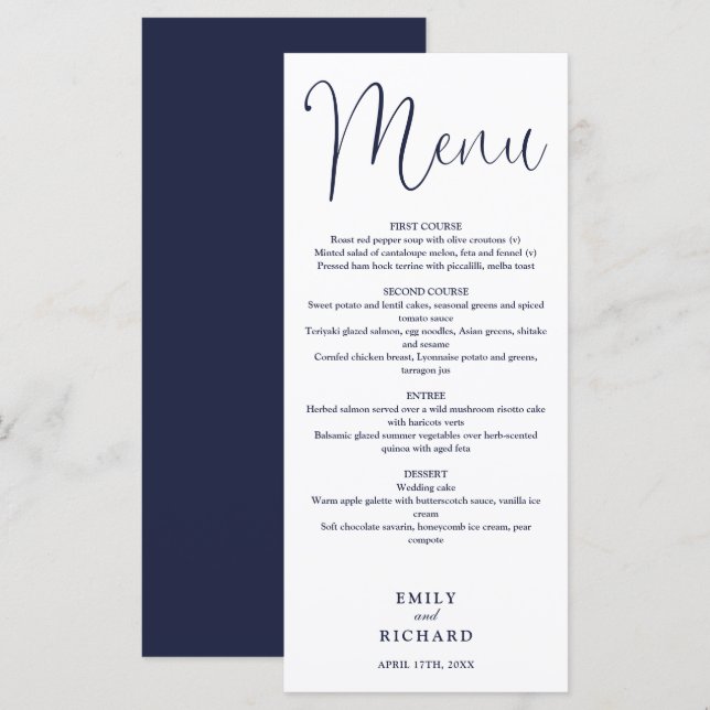 Navy Blue Calligraphy Script Wedding Menu (Front/Back)