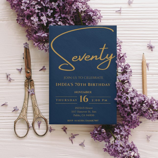 Navy Blue Calligraphy Seventy 70th Birthday  Invitation (Creator Uploaded)
