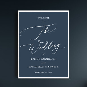 Navy Blue Calligraphy Simple Wedding Welcome Poster