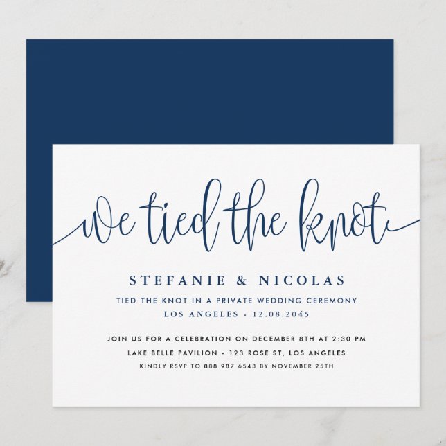 Navy Blue Calligraphy We Tied The Knot Wedding Invitation (Front/Back)