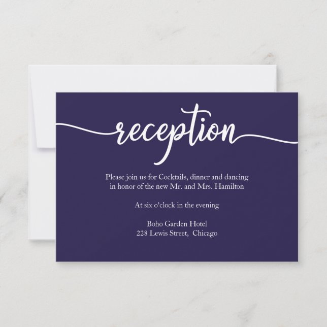 Navy Blue Calligraphy Wedding Reception Card (Front)