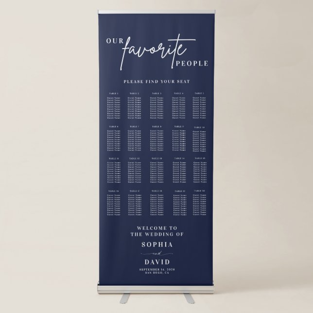 Navy Blue Calligraphy Wedding Seating Chart Retractable Banner (Front)