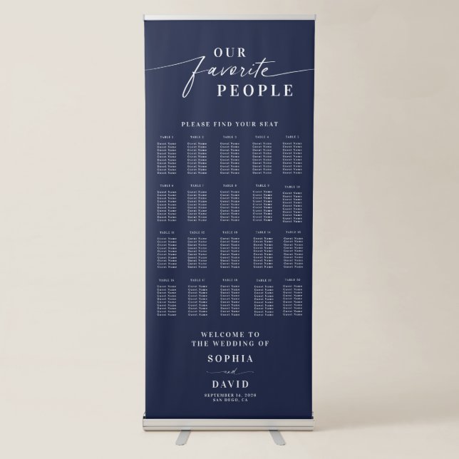 Navy Blue Calligraphy Wedding Seating Chart Retractable Banner (Front)