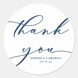 Navy Blue Calligraphy Wedding Thank You Classic Round Sticker