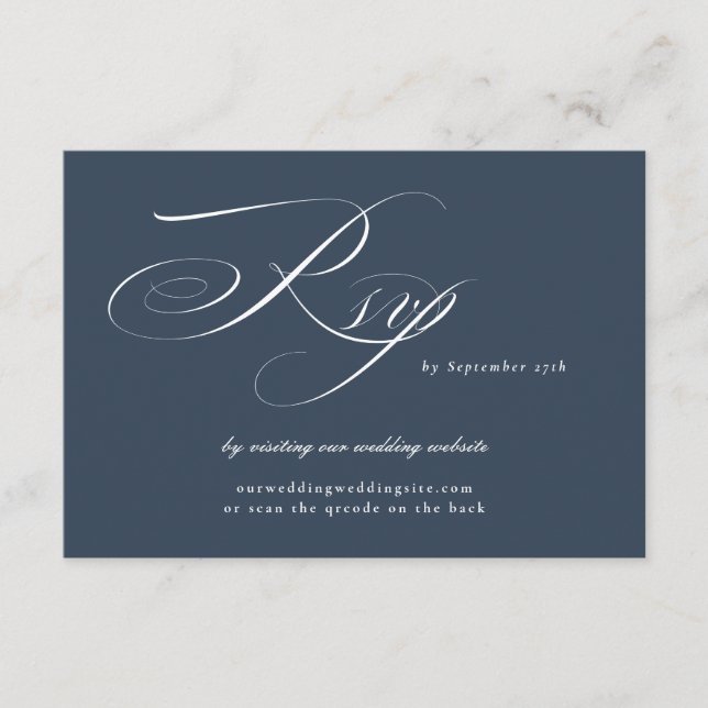 Navy Blue Calligraphy Wedding Website QR CODE RSVP Card (Front)