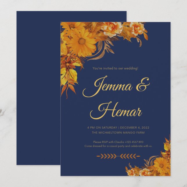 Navy blue calligraphy with Sun Flowers Invitation (Front/Back)