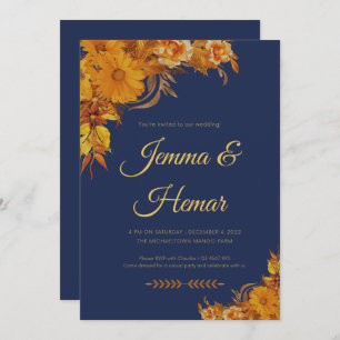 Navy blue calligraphy with Sun Flowers Invitation