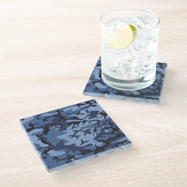 Navy Blue Camouflage, Military, Army Glass Coaster (Angled)