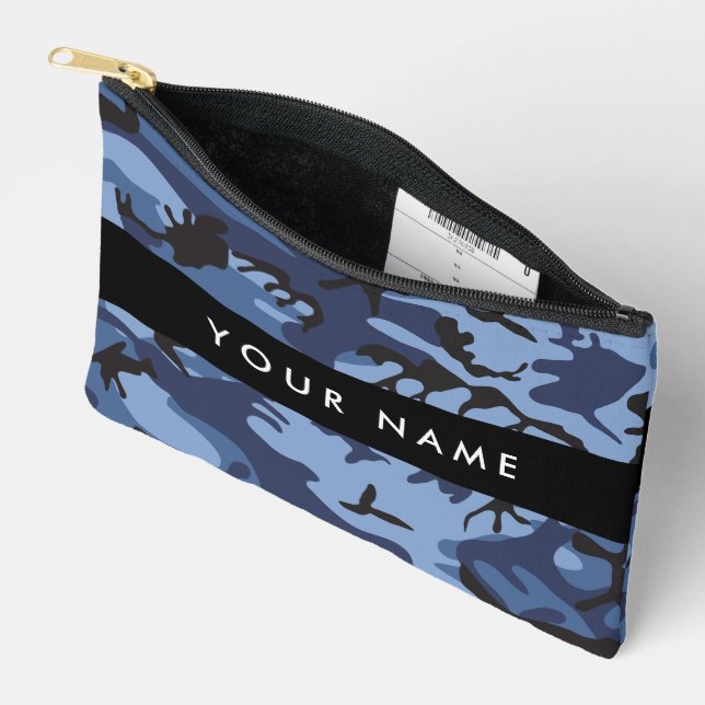 Navy Blue Camouflage Your name Personalise Accessory Pouch (Open)