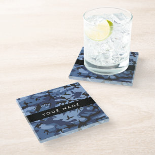Navy Blue Camouflage Your name Personalise Glass Coaster