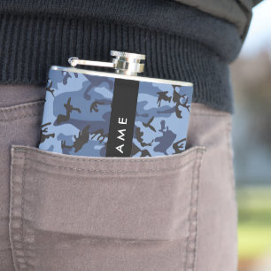 Navy Blue Camouflage Your name Personalise Hip Flask