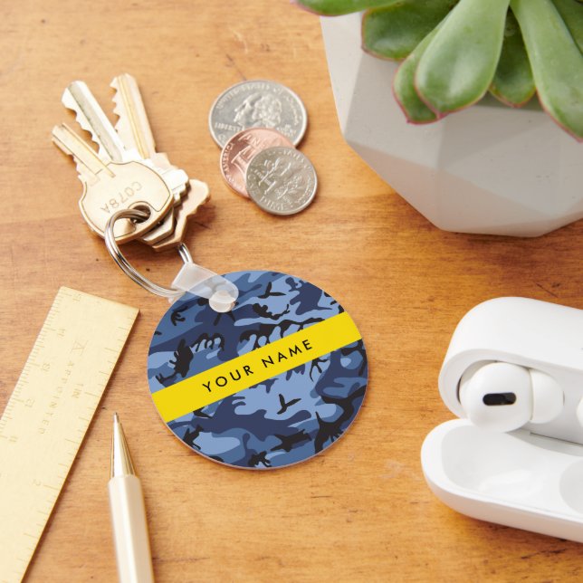 Navy Blue Camouflage Your name Personalise Key Ring (Desk)